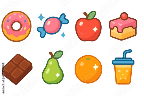 Shiny Food Icons. Flat vector mini-illustrations shiny food in colors children's illustrations: glazed donut, sparkling candy,