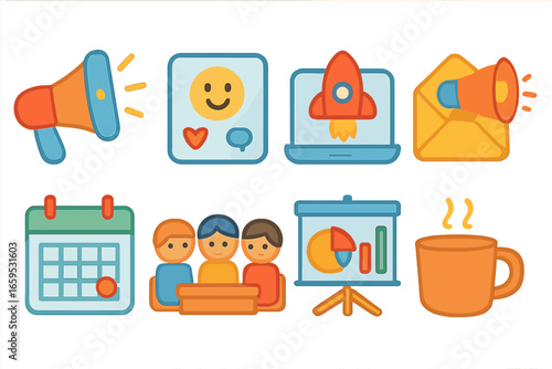 Marketing Icons Grid. Flat vector mini-illustrations marketing campaign launch in colors children's