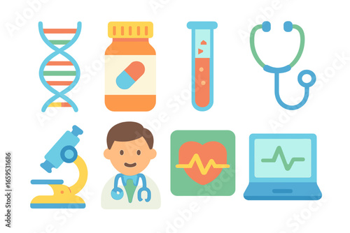 Medical Icons Grid. Flat vector mini-illustrations next-gen health innovations in colors children's