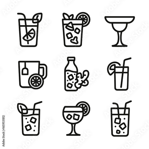 Zesty Beverage Icons. Outline icon set of zesty beverages: lemonade, mojito, margarita, citrus tea, ginger ale, orange juice, lime