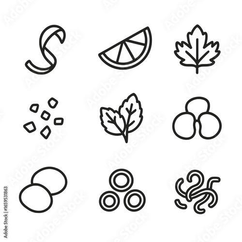 Zesty Garnish Icons. Outline icon set of zesty garnish ideas: lemon twist, lime wedge, orange slice, chili flakes, mint sprig,