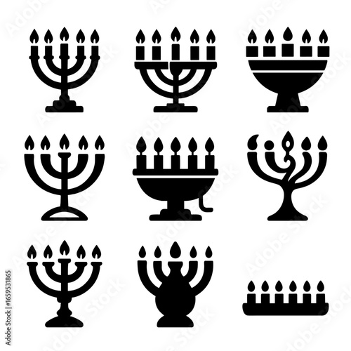 Menorah Icon Set. Solid, filled icons set of menorah designs and styles: classic menorah, modern menorah,