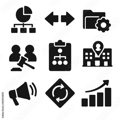 Merger & Acquisition Icons. Solid, filled icons set of merger and acquisition planning: acquisition chart,