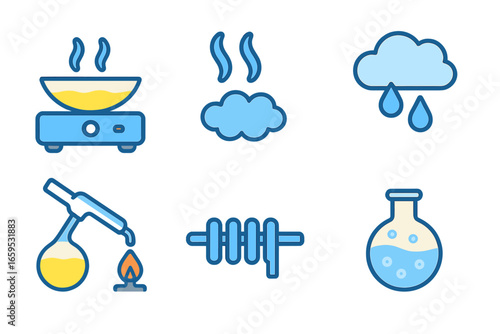 Solvent Evaporation Process. Flat vector mini-illustrations solvent evaporation in colors children's illustrations: evaporating