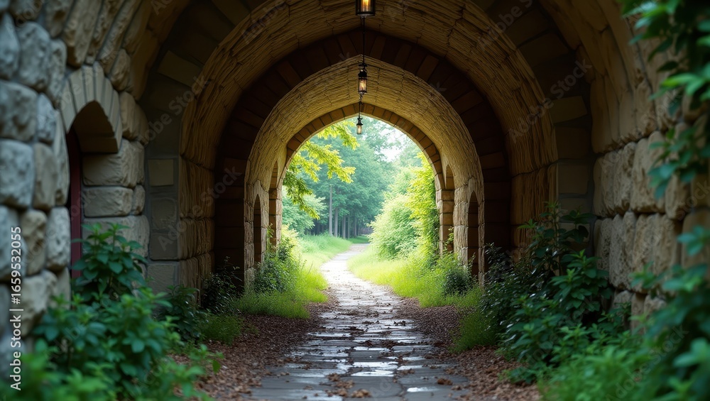 Fototapeta premium A stone archway tunnel leads into a verdant, sunlit glade, bathed in the soft light of a tranquil, outdoor setting.