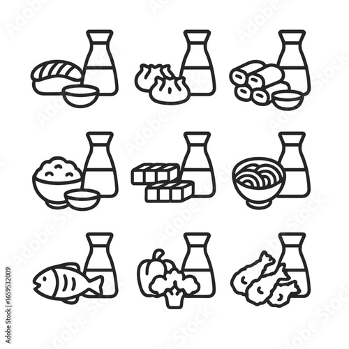 Soy Sauce Pairings Icons. Outline icon set of soy sauce condiment pairings: sushi, dumplings, spring rolls, rice, tofu, noodles,