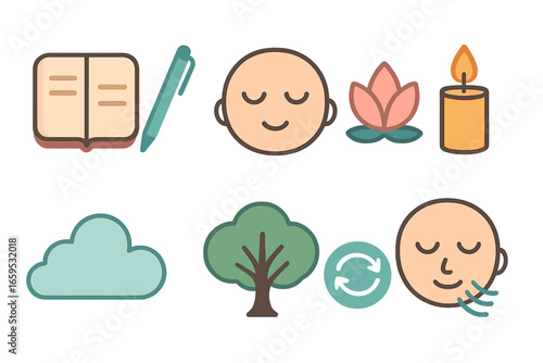Mindful Journaling Icons. Flat vector mini-illustrations Mindful journaling in colors children's illustrations