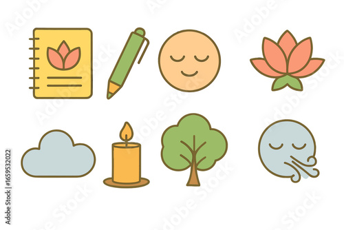 Mindful Journaling Icons. Flat vector mini-illustrations Mindful journaling in colors children's illustrations