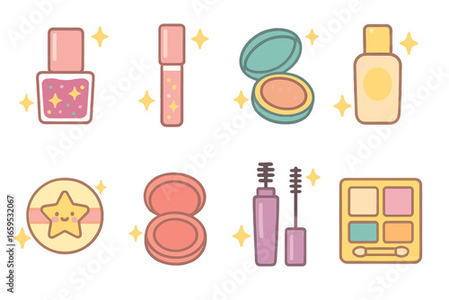 Sparkle Makeup Icons. Flat vector mini-illustrations sparkle makeup in colors children's illustrations: glitter nail polish,