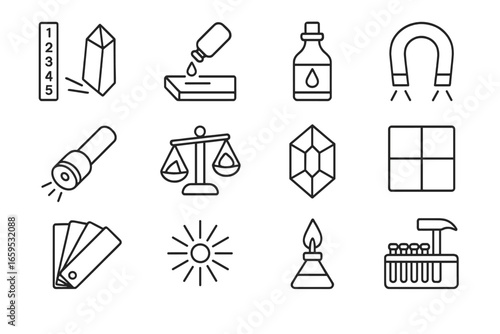Mineral Identification Icons. Outline vector icons of mineral identification: hardness scale, streak plate,