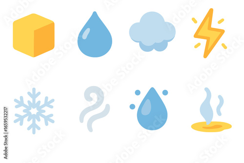 States of Matter Icons. Flat vector mini-illustrations chemistry states of matter in colors children's illustrations: solid cube,