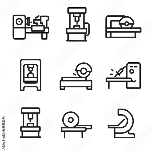 Steel Processing Icons. Outline icon set of steel processing machines: steel lathe, steel press, steel cutter, steel roller, steel