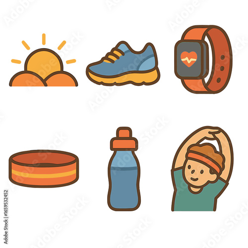 Morning Exercise Icons. Flat vector mini-illustrations Morning exercise walk in colors children's