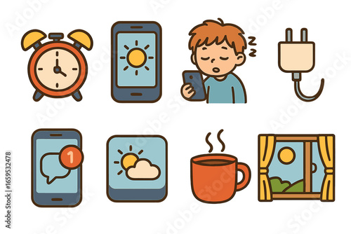 Morning Routine Icons. Flat vector mini-illustrations morning digital routines in colors children's