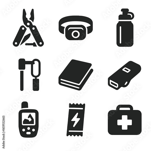 Mountain Survival Gear. Solid, filled icons set of mountain survival gear: multi-tool, headlamp, water bottle,