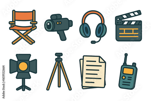 Movie Tools Icons. Flat vector mini-illustrations movie production tools in colors children's illustrations: