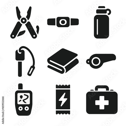 Mountain Survival Gear. Solid, filled icons set of mountain survival gear: multi-tool, headlamp, water bottle,