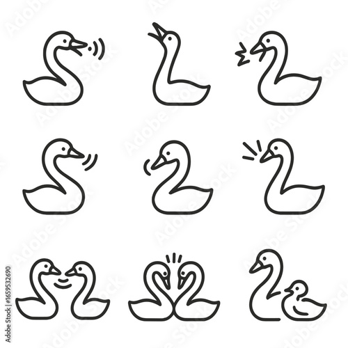 Swan Sound Icon Set. Outline icon set of swan vocalizations: honking, trumpeting, hissing, soft cooing, alarm call, mating call,