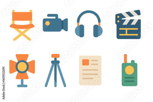 Movie Tools Icons. Flat vector mini-illustrations movie production tools in colors children's illustrations: