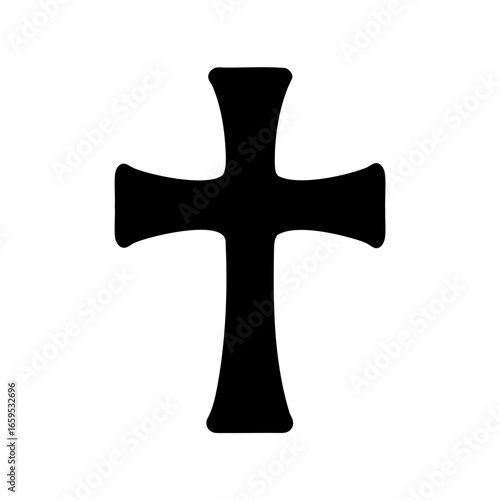 Simple black Christian cross silhouette against white backdrop, religious icon