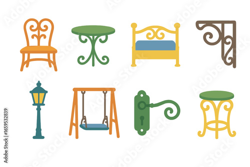 Wrought Iron Miniatures. Flat vector mini-illustrations wrought iron furniture in colors children's illustrations: garden chair,