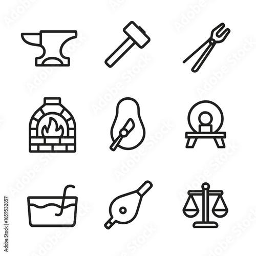 Sword Forging Tools Icons. Outline icon set of sword forging tools: anvil, hammer, tongs, forge, grinding wheel, quenching tank,
