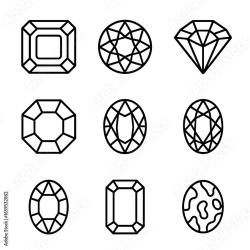 Synthetic Gemstone Icons. Outline icon set of synthetic gemstones: cubic zirconia, moissanite, lab-grown diamonds, spinel, garnet,