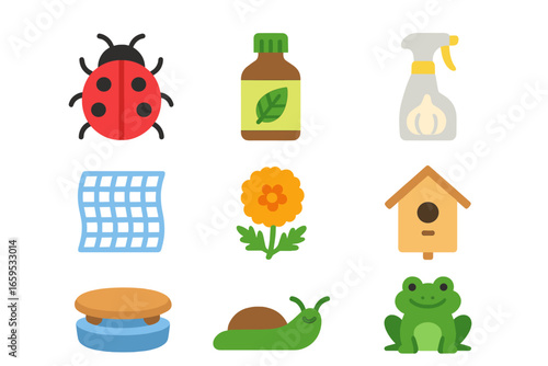 Natural Pest Control Icons. Flat vector mini-illustrations Pest control naturally in colors children's