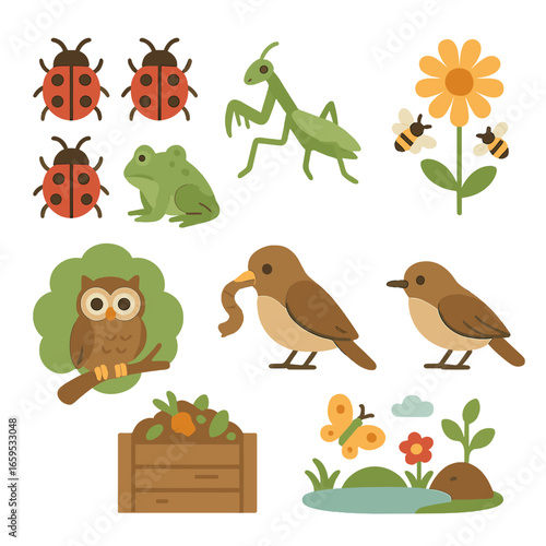 Natural Pest Control Icons. Flat vector mini-illustrations natural pest control in colors children's