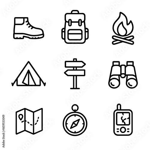 Territory Exploration Icons. Outline icon set of territory exploration: hiking boots, backpack, campfire, tent, trail sign,