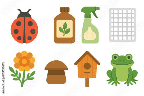 Natural Pest Control Icons. Flat vector mini-illustrations Pest control naturally in colors children's