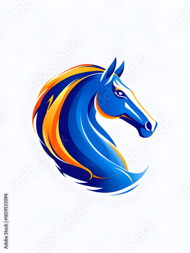 A stylized horse head with flowing blue and orange mane on a white background, facing to the right