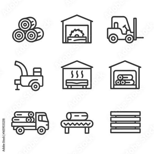 Timber Yard Icons. Outline icon set of timber yard elements: log pile, sawmill, forklift, wood chipper, drying kiln, storage shed,