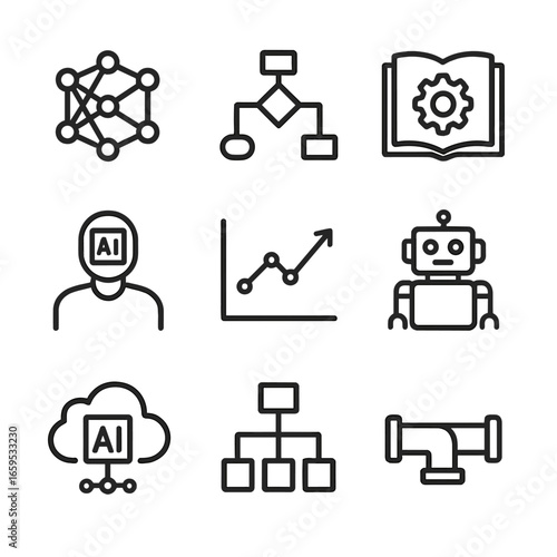 AI Icon Set. Outline icon set of AI and machine learning automation: neural network, algorithm, data training, AI assistant,