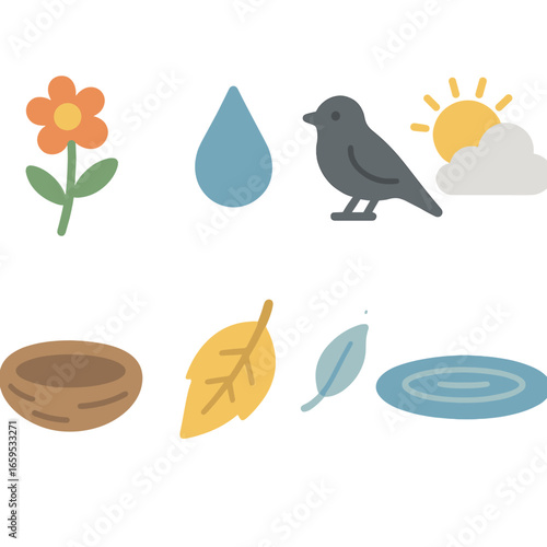 Simple Nature Icons. Flat vector mini-illustrations simplicity in nature in colors children's illustrations:
