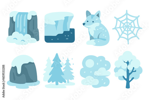 Nature's Frozen Wonders. Flat vector mini-illustrations freezing in nature in colors children's illustrations: