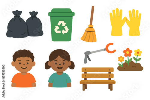 Neighborhood Clean-Up Icons. Flat vector mini-illustrations neighborhood clean-up day in colors children's