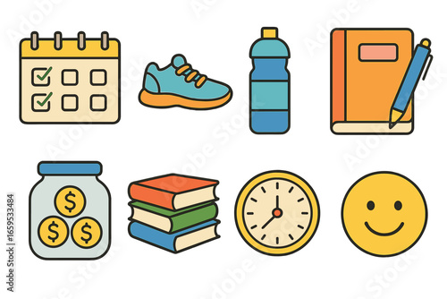 New Year Icons. Flat vector mini-illustrations New Year’s resolutions in colors children's illustrations: