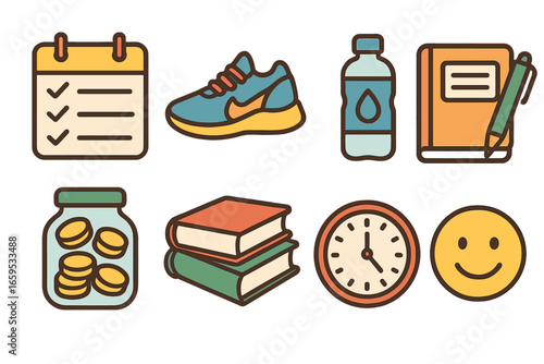 New Year Icons. Flat vector mini-illustrations New Year’s resolutions in colors children's illustrations: