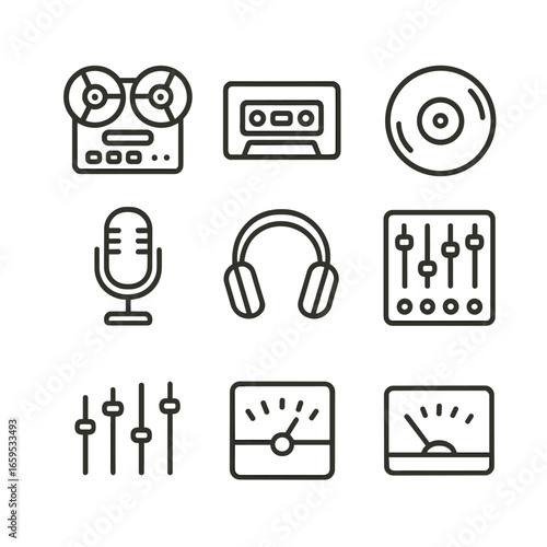 Analog Gear Icons. Outline icon set of analog recording gear: reel tape recorder, cassette, vinyl, microphone, headphones, mixer,