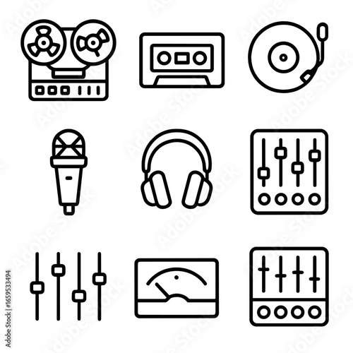 Analog Gear Icons. Outline icon set of analog recording gear: reel tape recorder, cassette, vinyl, microphone, headphones, mixer,