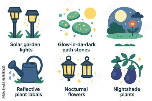 Nighttime Garden Icons. Flat vector mini-illustrations nighttime gardening setup in colors children's
