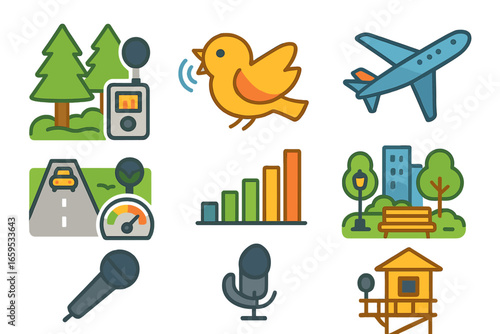 Noise Monitoring Icons. Flat vector mini-illustrations Environmental noise monitoring in colors children's