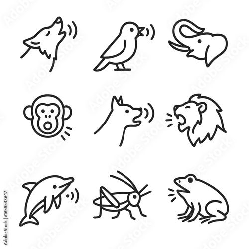 Animal Call Icons. Outline icon set of natural alarm calls: wolf howl, bird call, elephant trumpet, monkey shout, dog bark, lion