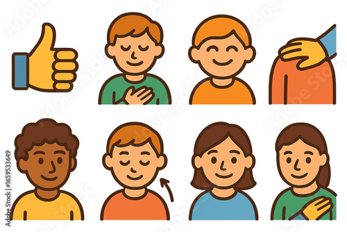 Non-Verbal Appreciation Icons. Flat vector mini-illustrations Non-verbal appreciation in relationships in