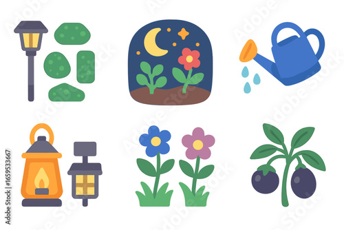 Nighttime Garden Icons. Flat vector mini-illustrations nighttime gardening setup in colors children's