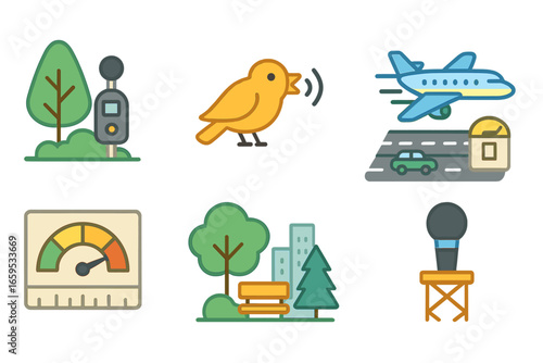 Noise Monitoring Icons. Flat vector mini-illustrations Environmental noise monitoring in colors children's