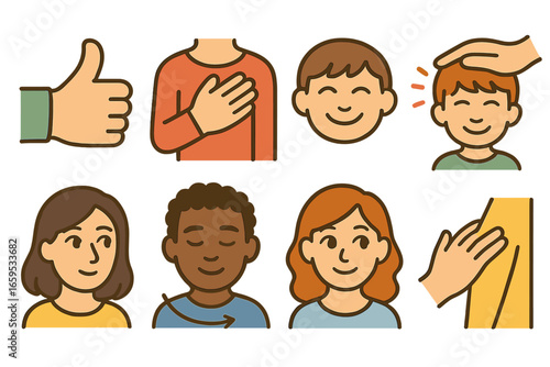 Non-Verbal Appreciation Icons. Flat vector mini-illustrations Non-verbal appreciation in relationships in