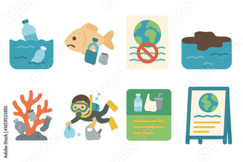 Ocean Pollution Awareness. Flat vector mini-illustrations of ocean pollution awareness in colors children's