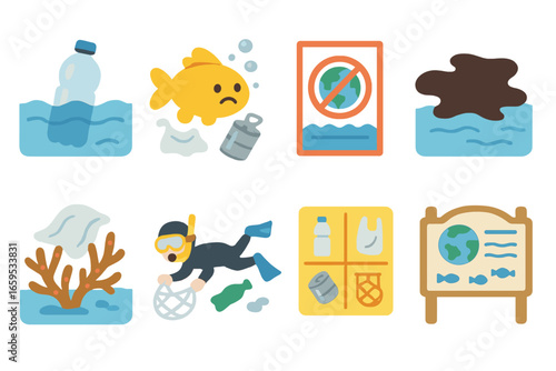 Ocean Pollution Awareness. Flat vector mini-illustrations of ocean pollution awareness in colors children's